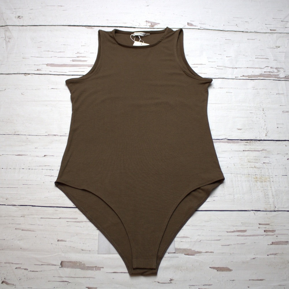 Mangopop Brown High Neck Sleeveless Bodysuit Large NWT Tank Top Mock Neck